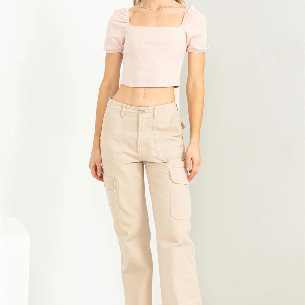 Crop Top Ribbed Square Neck Puff Sleeves Pastel Pink